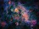 Scientific illustration of brilliantly colored nebulae in the depths of space.