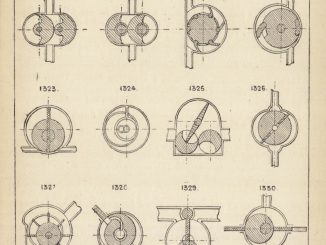 A grid of line drawings, precise and geometrical, of rotary piston engines and pumps, designed in the late 1800s. The patterns of steampunk.