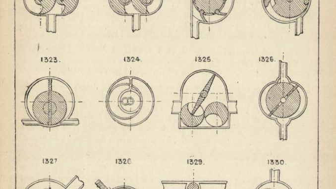 A grid of line drawings, precise and geometrical, of rotary piston engines and pumps, designed in the late 1800s. The patterns of steampunk.