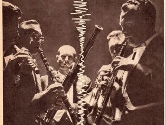 Scientific illustration of musicians playing jazz and an audio waveform; part of a 1960s ad for professional audio tape from Ampex.