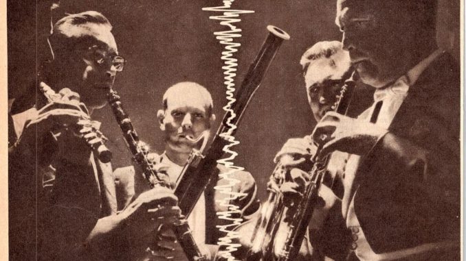 Scientific illustration of musicians playing jazz and an audio waveform; part of a 1960s ad for professional audio tape from Ampex.