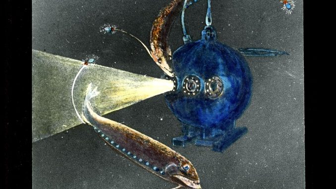 Scientific illustration of a bathysphere by Leo Wehrli, showing deep-sea creatures as known in the 1930s.