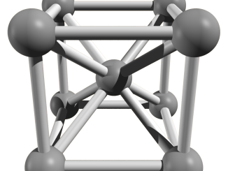 A scientific illustration of the molecular structure of iron as a cube-shaped crystal of atoms, a "body-centered crystal lattice."