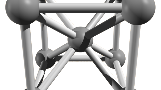 A scientific illustration of the molecular structure of iron as a cube-shaped crystal of atoms, a "body-centered crystal lattice."