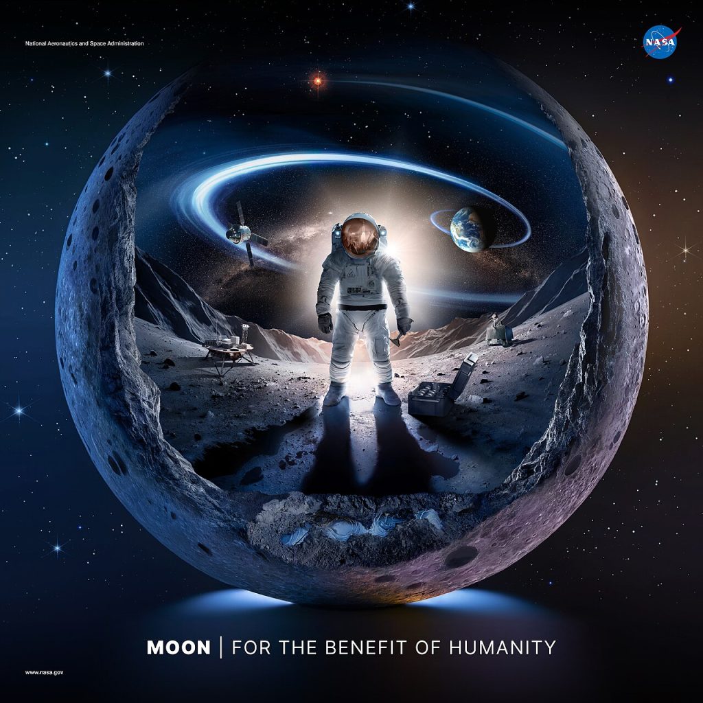 A NASA poster about the moon, with an astronaut, a lunar lander, and some other spacecraft-adjacent equipment on the airless surface of an alien world. .