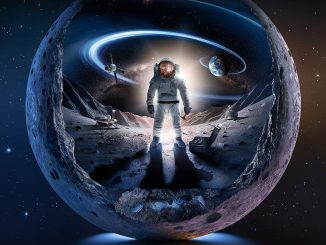 A NASA poster about the moon, with an astronaut, a lunar lander, and some other spacecraft-adjacent equipment on the airless surface of an alien world. .