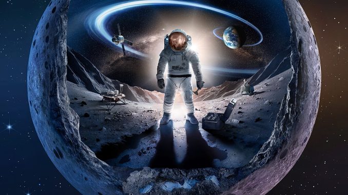 A NASA poster about the moon, with an astronaut, a lunar lander, and some other spacecraft-adjacent equipment on the airless surface of an alien world. .