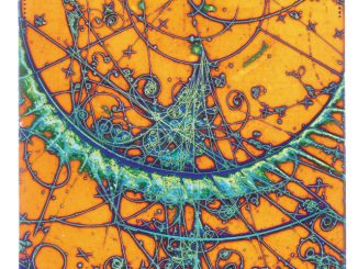 A cloud chamber's spiraling traces of subatomic particles, aqua blue curves against a goldenrod backdrop.