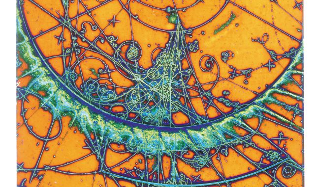 A cloud chamber's spiraling traces of subatomic particles, aqua blue curves against a goldenrod backdrop.