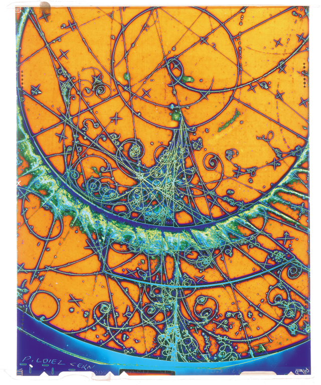 A cloud chamber's spiraling traces of subatomic particles, aqua blue curves against a goldenrod backdrop.